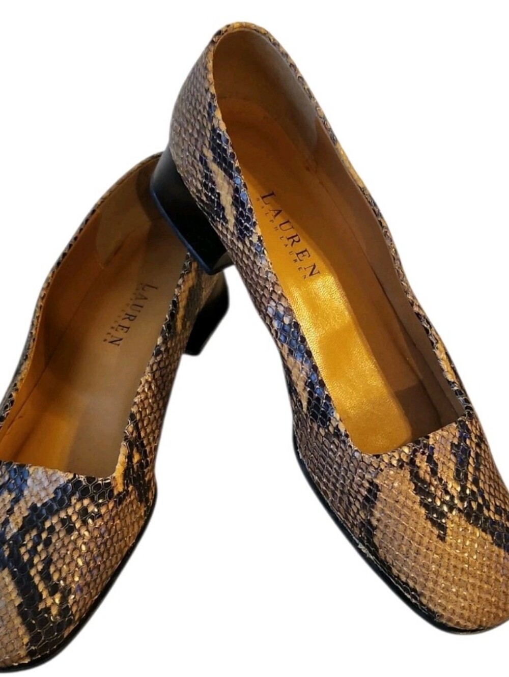 Lauren Ralph Lauren Tan and Black Snake-Print Square-Toe Flats Block Heel Sz 6B